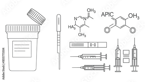 Medical and chemical testing equipment including a sample container, test strips, syringes, and chemical structures.