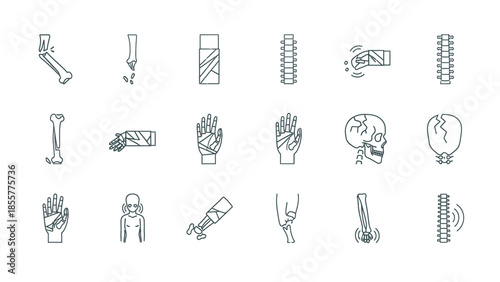 A collection of line icons depicting various bone injuries, fractures, bandages, casts, and medical devices.