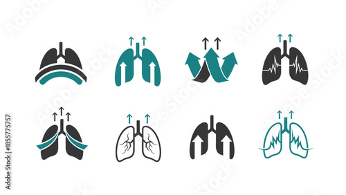 A set of eight diverse lung icons illustrating respiratory health, breathing, and air circulation, featuring various designs with arrows and heartbeat lines.