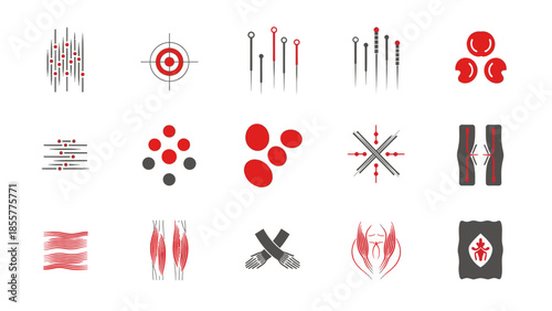 A comprehensive collection of medical and health-related icons, featuring acupuncture, blood cells, muscles, and various therapeutic symbols in a clean, modern design.