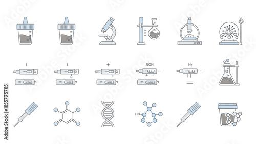 A collection of scientific and laboratory icons, including microscopes, chemical structures, DNA, and various lab equipment for research.