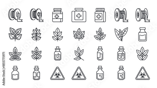 A collection of line art icons featuring hose reels, medicine bottles, botanical leaves, and biohazard warning signs, representing health, nature, and safety concepts.