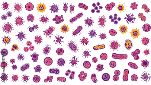 A diverse collection of microscopic organisms, including bacteria, viruses, and cells, illustrating various pathogens and microbes.
