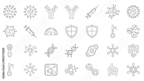 A collection of medical and biological line icons representing viruses, antibodies, DNA, cells, and health concepts.