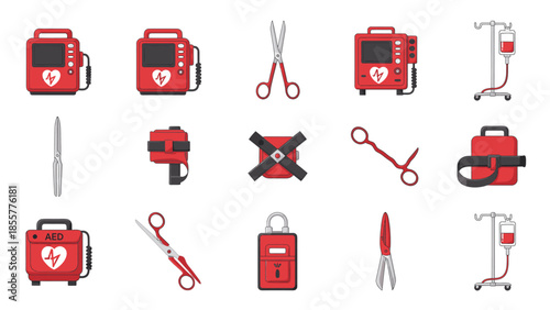 A comprehensive collection of emergency medical equipment and first aid tools, including defibrillators, scissors, tourniquets, and IV drips, on a white background.