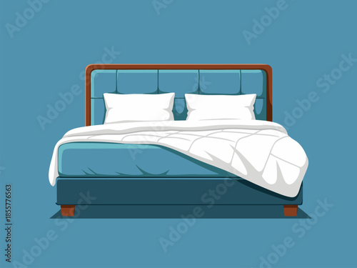 Modern bedroom scene with bed, pillows, and blankets in a vector illustration style