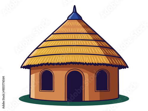 Vector illustration of a traditional round hut with thatched roof and arched windows in a rural setting
