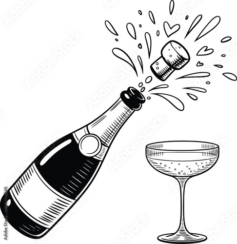 The excitement of celebration champagne bottle popping and a classic coupe glass awaiting a toast