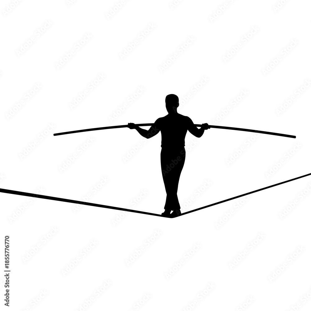 Fototapeta premium Person balancing on tightrope with pole for stability