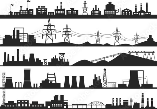 Industrial factory skyline, power plant illustration, electricity transmission towers, 