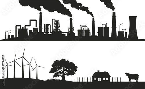 Industrial pollution and renewable energy landscape, factory smoke, wind turbines, eco farm, sustainability, environment, climate change, clean power, green energy, contrast