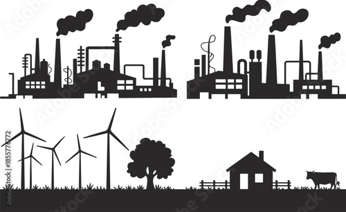 Industrial pollution, clean energy contrast, factory smoke, wind turbines, rural landscape, environmental impact, sustainability, nature, climate change, eco-friendly, silhouette art
