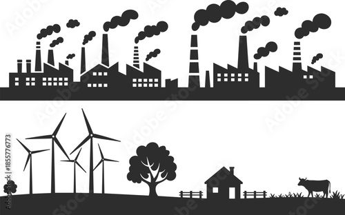 Industrial pollution factory silhouette, renewable energy wind turbine farm, eco environment contrast, sustainable green landscape, clean energy versus industry
