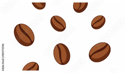Flat cartoon coffee beans falling vector illustration isolated on white background