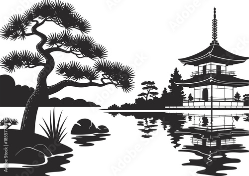 Japanese temple landscape, traditional pagoda reflection, Zen garden design, peaceful lake scenery, bonsai tree illustration, Asian culture art, serene nature background, meditation scene