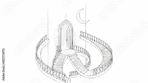 Architectural sketch of a surreal staircase leading to a glowing portal under a crescent moon.