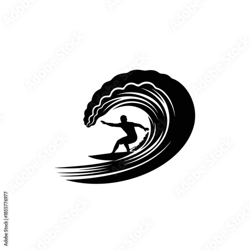 Professional surfer riding massive wave in dynamic action