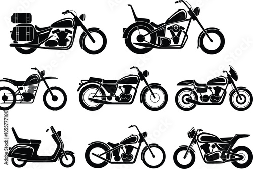 Motorcycle silhouette collection, vintage motorbike design, classic chopper vector art, retro transportation, biker vehicle illustration, black motorcycle icon set