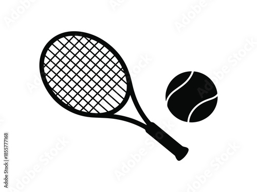 Tennis Racket and Ball Silhouette Icon Isolated on White Background