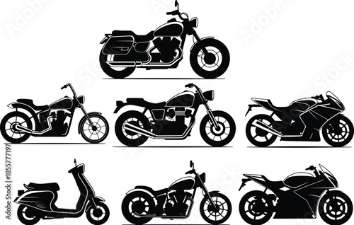Motorcycle silhouette collection, scooter vector set, chopper, cruiser, sportbike, vintage motorbike, transportation icons, black bike shapes, isolated graphic