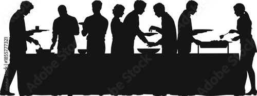 People serving food at buffet table, catering event silhouette, restaurant service, business lunch, social dining, teamwork, hospitality, banquet, meal gathering