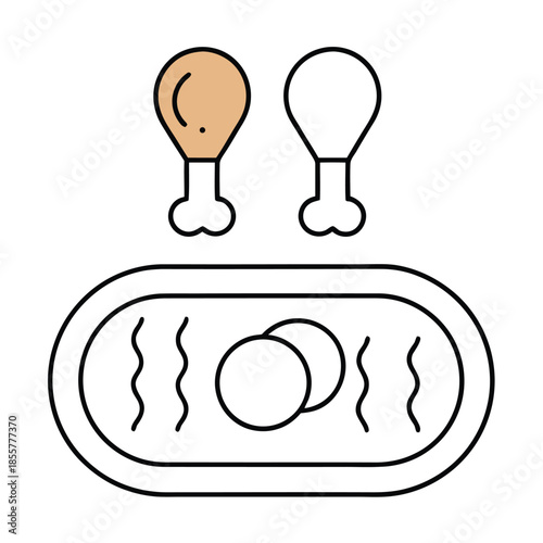 A minimalist illustration depicts two chicken drumsticks and a dish with two eggs.