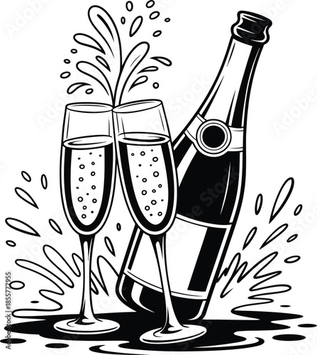 Elegant black and white illustration of champagne bottle and flutes celebrating a special moment