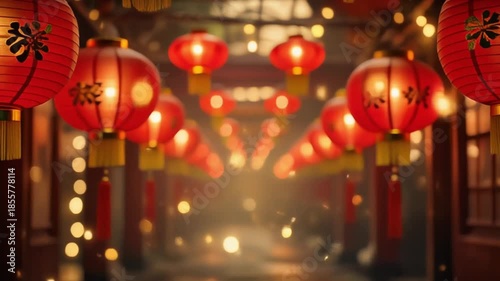 Hanging Red Lanterns with Warm Bokeh Lights Creating Festive Celebration Mood