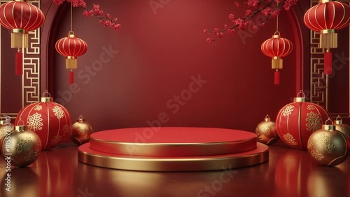Red Product Display Podium with Festive Decorative Background