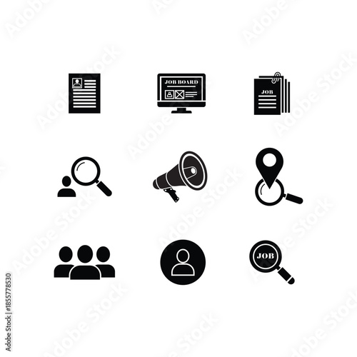 job search and recruitment icons set including resume, job board, candidate search, location, and team symbols.eps