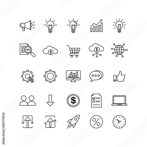  25 black and white business icons set including seo, finance, marketing, analytics, technology, and startup symbols.