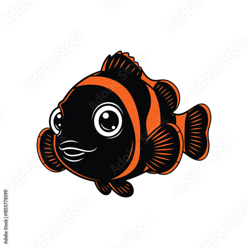 cartoon clownfish vector with big eyes, smiling face, bold orange black stripes, playful marine animal illustration
