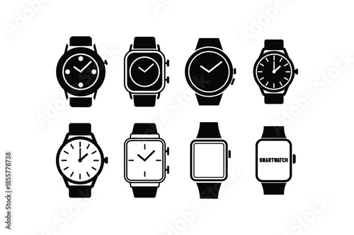  Set of minimalist watch and smartwatch icons in black filled and outline vector style for UI design and time concepts
