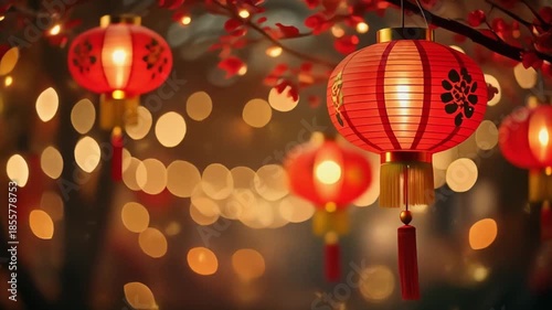 Red Festive Background with Hanging Lanterns and Soft Bokeh Lights