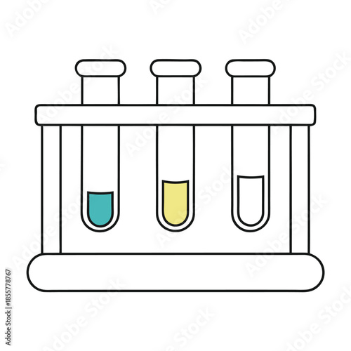 Three test tubes containing different colored liquids are held in a rack for scientific experimentation.
