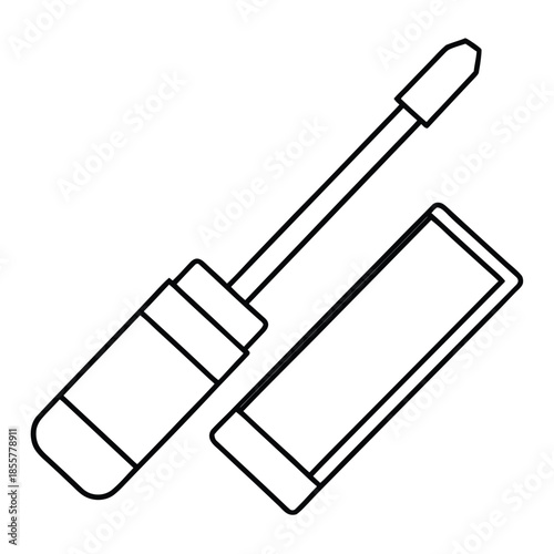 An outline drawing of a lip gloss container and applicator is shown on a white background.