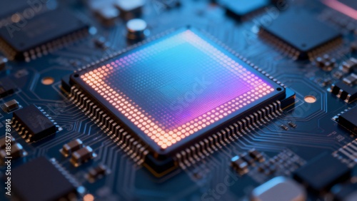 Wallpaper Mural Closeup of a glowing microchip on a circuit board Torontodigital.ca