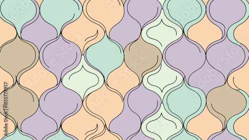 Fluid abstract shapes rendered in a seamless pattern, featuring soft pastel colors for an upscaled decorative illustration.