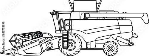 Modern combine harvester illustration, agricultural machine vector, farm equipment outline drawing, detailed farming machinery, harvest technology, agriculture industry concept, black and white design