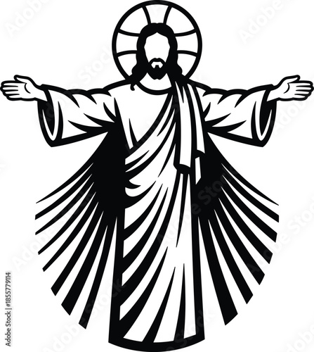 Religious Jesus Christ illustration, holy savior art, Christian faith design, divine figure with open arms, spiritual graphic symbol, sacred artwork vector
