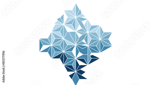 Shimmering blue geometric polyhedra forms reflecting on a sleek dark surface, creating an intricate abstract digital pattern.