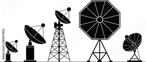 Satellite communication antennas, radio signal towers, data transmission equipment, global telecommunication technology, space communication network,