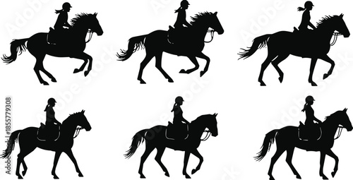 Silhouette girl riding horse in multiple poses, equestrian sport illustration, horseback riding vector design, horse rider graphic for training, competition themes