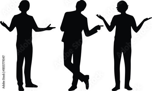 Silhouette group of three people standing, gesturing with open arms, expressive poses, communication concept, isolated figures, teamwork discussion idea on,