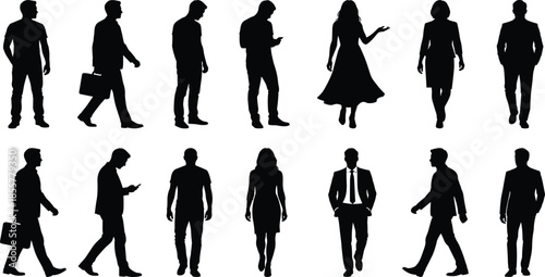 Black silhouettes of professional men and women walking and standing, including business people with briefcases and casual adults, isolated, white.