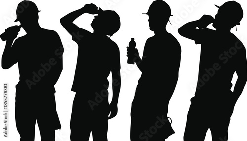 Silhouette illustration of men drinking water, standing in relaxed poses, hydration concept for design projects, fitness themes, lifestyle graphics