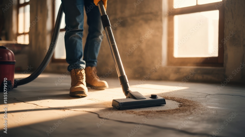 Fototapeta premium Person cleaning dusty concrete floor with a vacuum cleaner in an industrial space