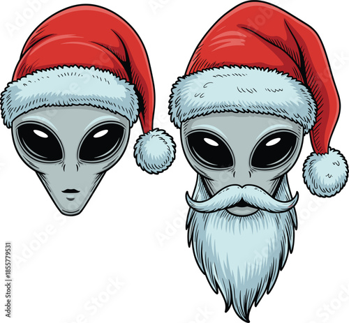 Funny Christmas Alien Santa Claus Vector Illustration Set Featuring Grey Extraterrestrials Wearing Red Holiday Hats