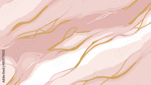 Elegant abstract illustration with flowing rose pink and golden lines, creating a sophisticated marble-inspired texture background for modern design.