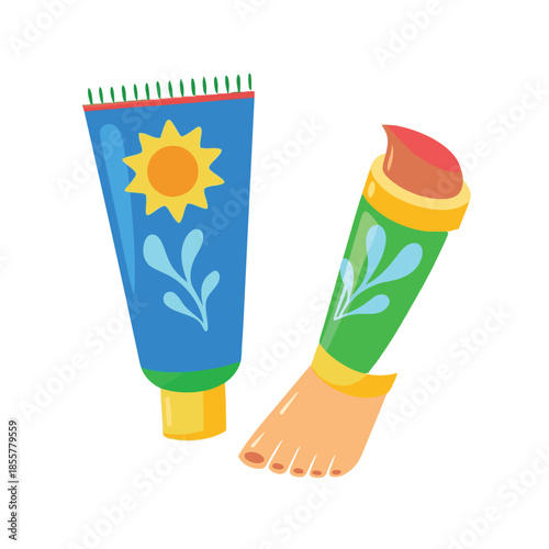 Sunscreen tubes and a foot are depicted in a colorful illustration against a white background.
